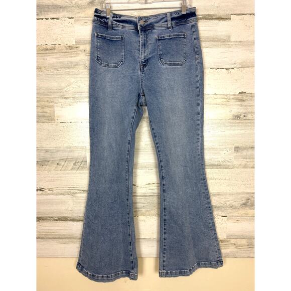 Altar'd State women's 30 flared leg blue denim jeans zip new boho casual pant - Picture 1 of 7
